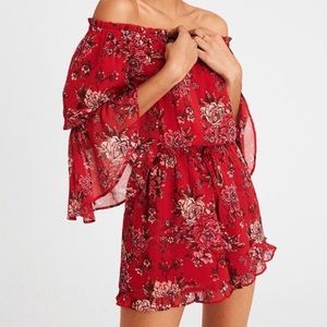 Red floral off the shoulder romper
